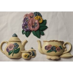 Vintage Burwood Pansy Teapot Tea Set Wall Decor Home Interiors Shabby Chic Boho